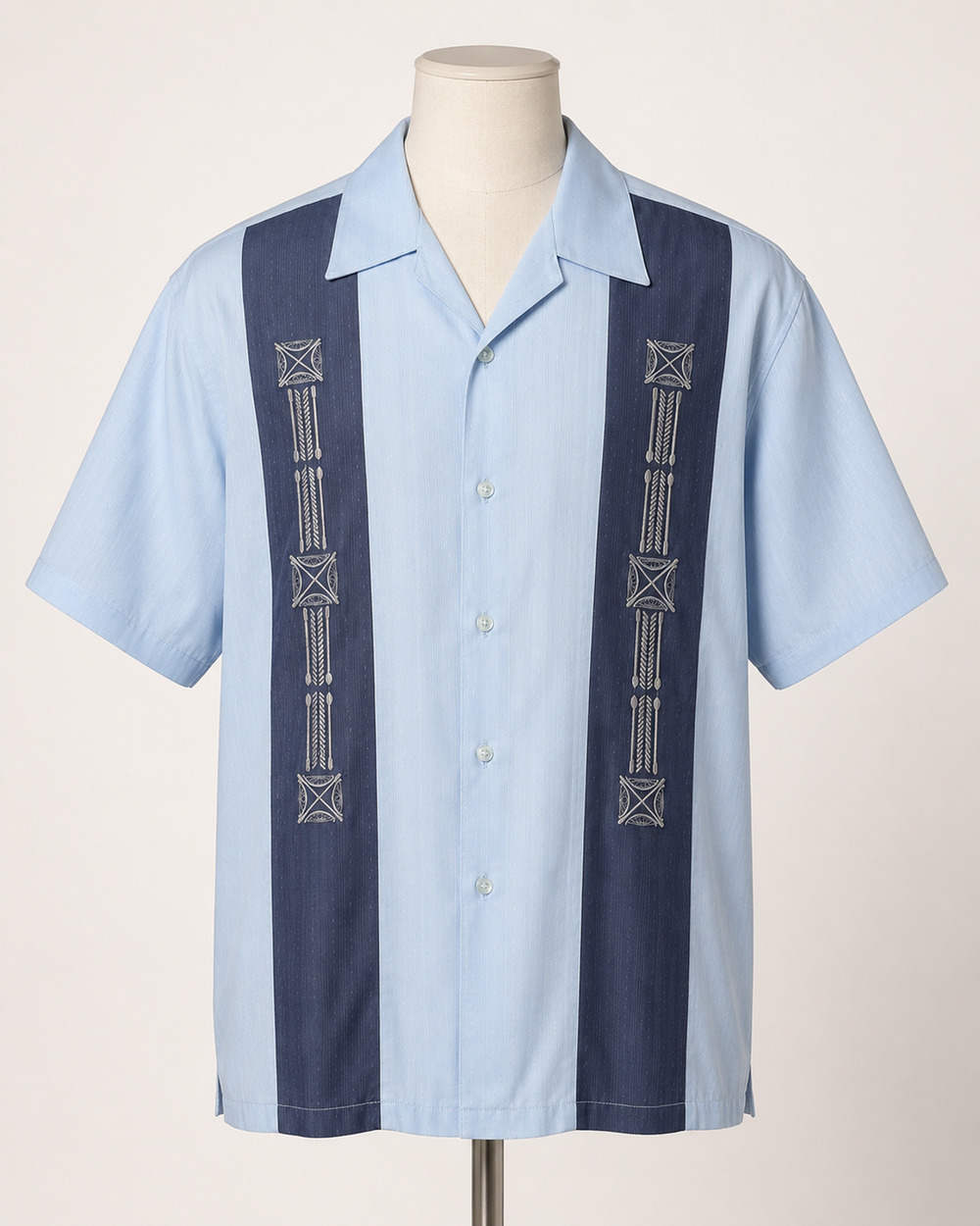 Moon Men's Guayabera Geometric Embroidery Button Up Shirt Blue L Rockabilly